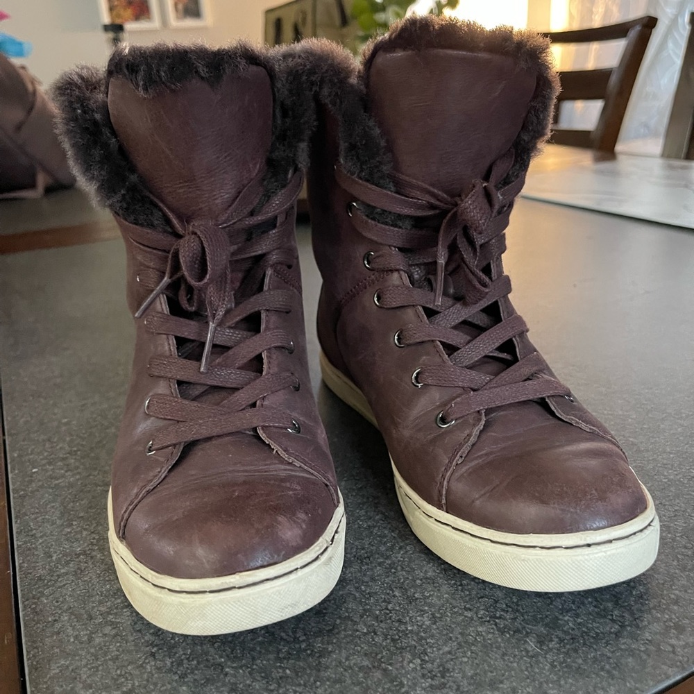 UGG CROFT LUXE QUILT BROWN FUR-LINED HIGH TOP LEATHER SNEAKER/BOOTS WomenSize 8